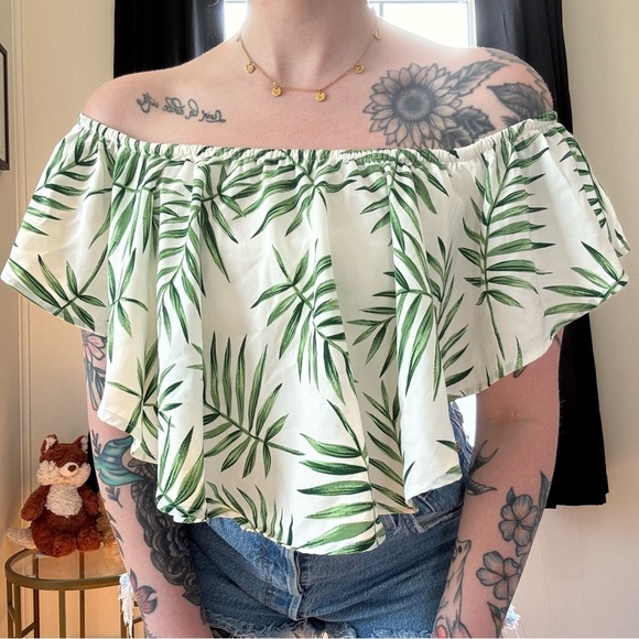 Tropical Leaf Print Off-Shoulder Bandeau Top - Picture 2 of 9